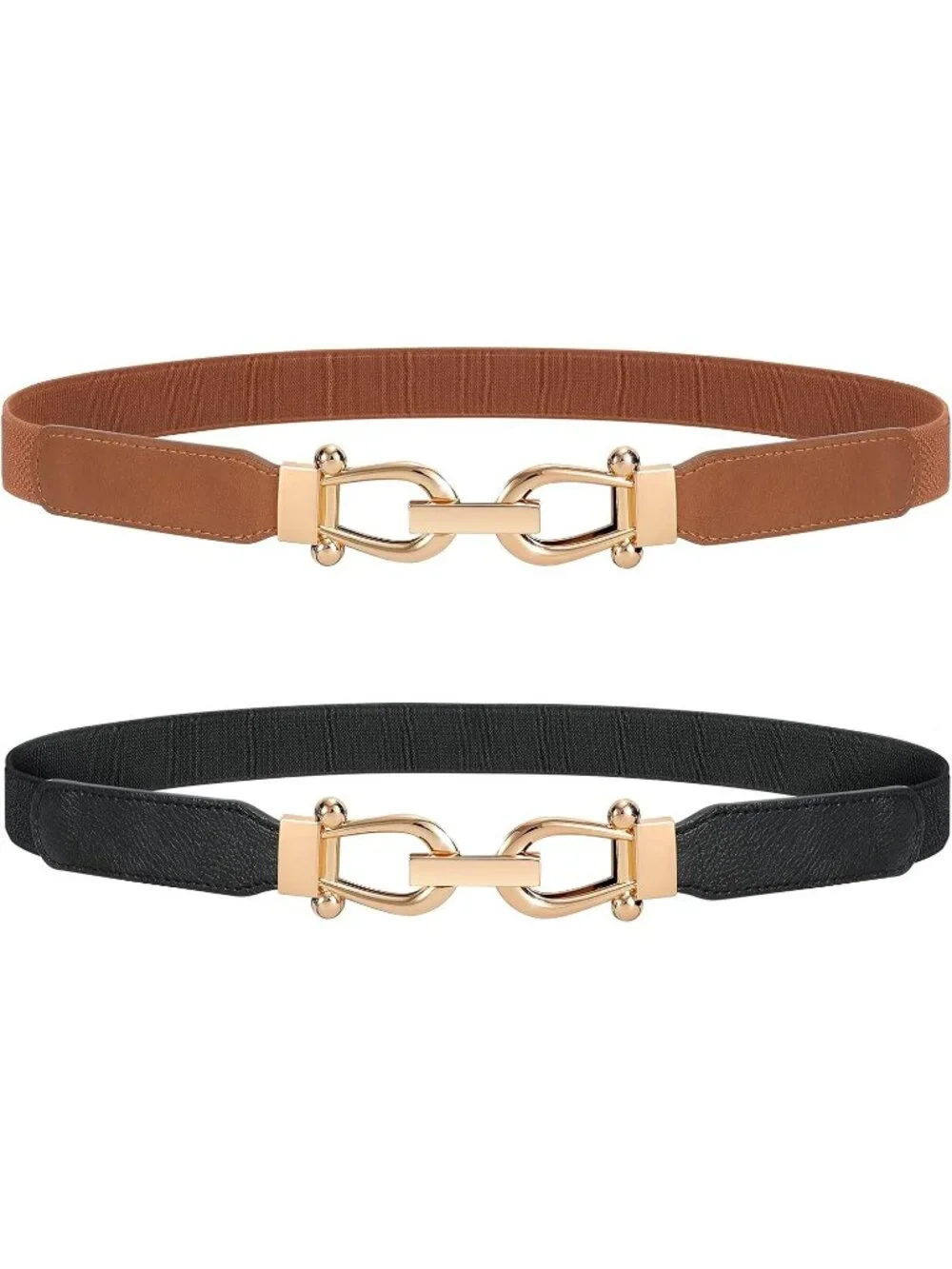 Women's Black & Brown Retro Elastic Skinny Stretch Belt 2-Pcs With Gold Buckle